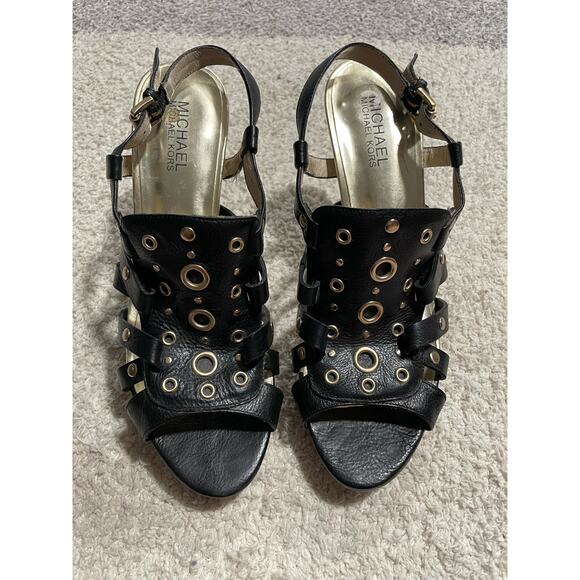 Michael Kors Women's 8.5 Slingback Leather Grommet Heeled Platform Sandals Black - Picture 1 of 11